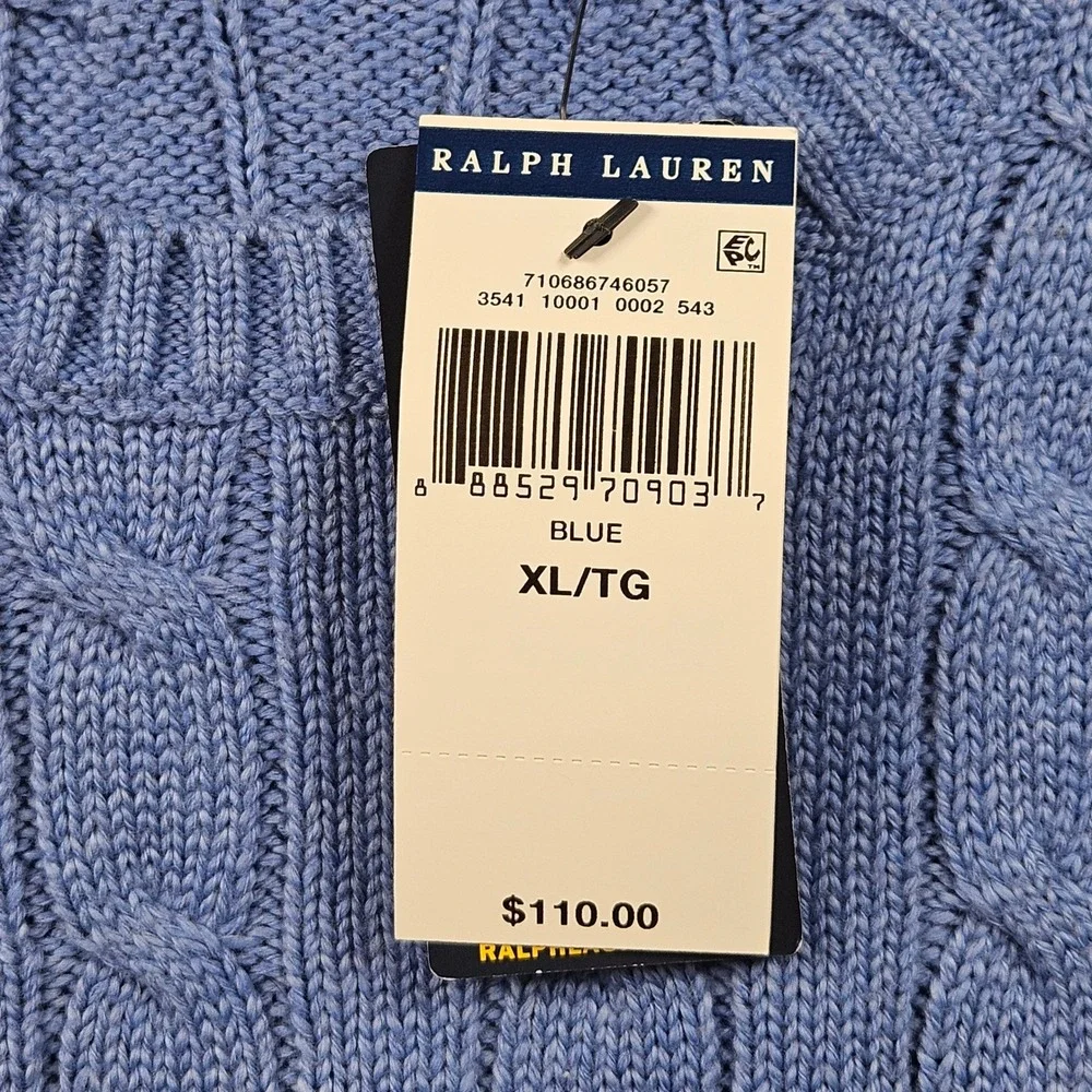NEW Polo Ralph Lauren Sweater Mens XL Blue Cable Knit Cotton Crew Neck MSRP $110